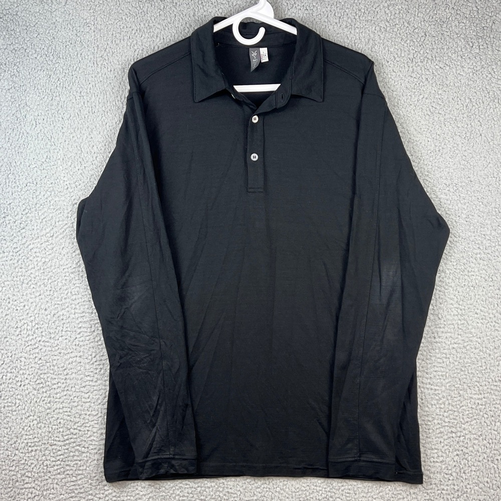Ibex Mens Black 100% Merino Wool Long Sleeve Polo Shirt Size Large Made in USA